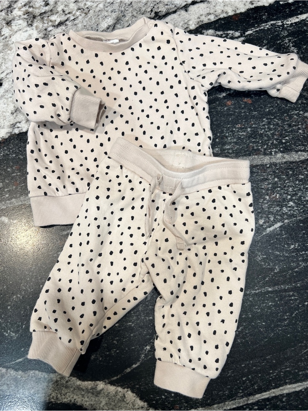 H&M Organic Cotton Baby Sweatshirt & Jogger Set Cream Black Polka Dot 4–6M